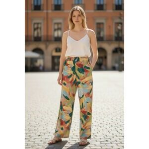 M‎ Made in Italy Jade Palms Tropical Wide Leg Pants S Resort Coastal Flowy Med